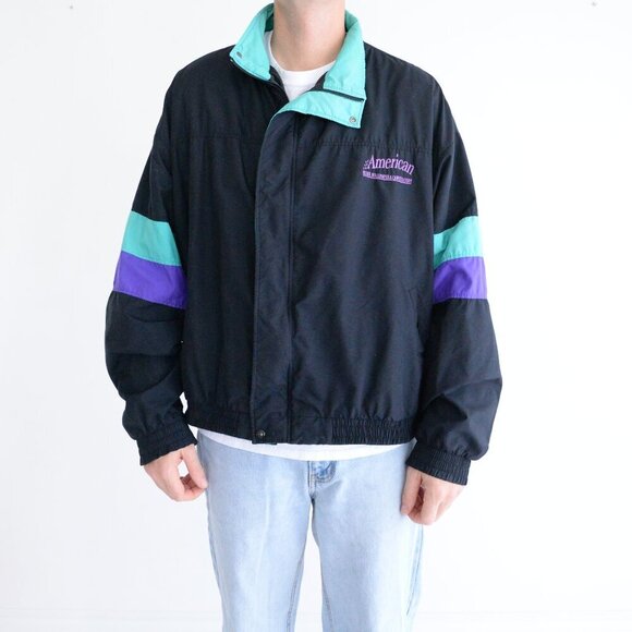Vintage 90S Halloway Black Teal Zip Up Windbreaker Nautical Jacket XL - Picture 1 of 9